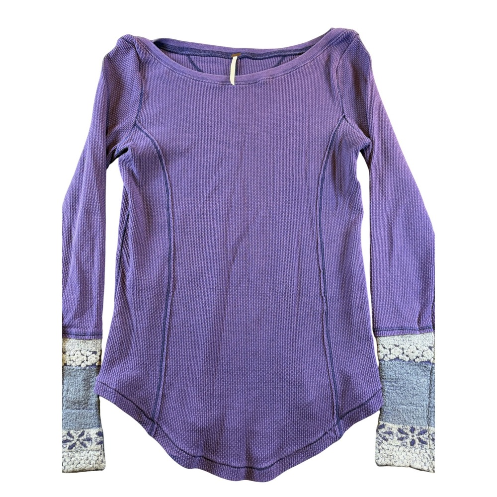 Free People Purple Waffle Knit Thermal Top Crochet Cuff Long Sleeve Scoop Neck